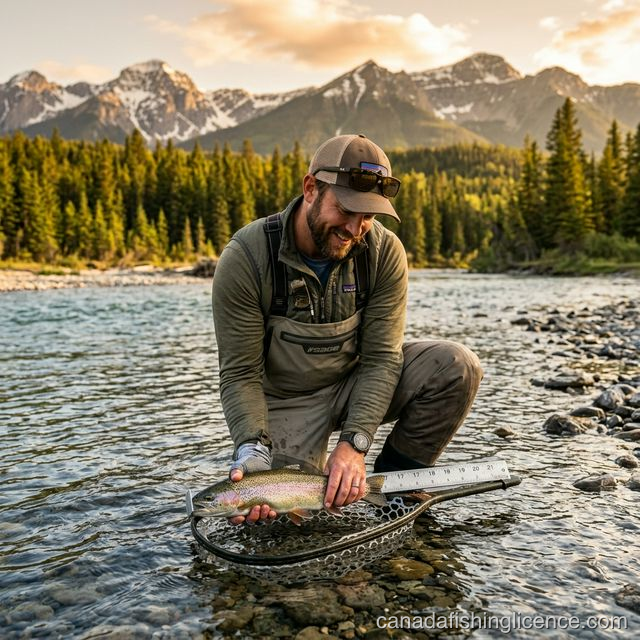 Angler in waders measuring a trout against a ruler in a clear Canadian river