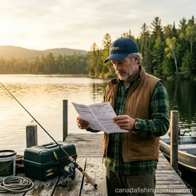 An angler reviewing fishing licence documents on a Canadian lakeside dock at golden hour