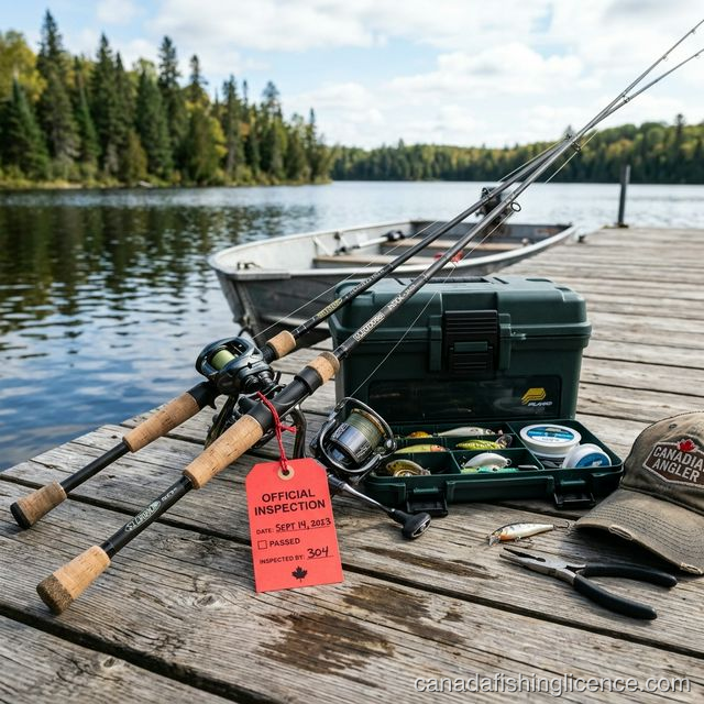High-end fishing gear with an official seizure tag on a wooden dock by a Canadian lake