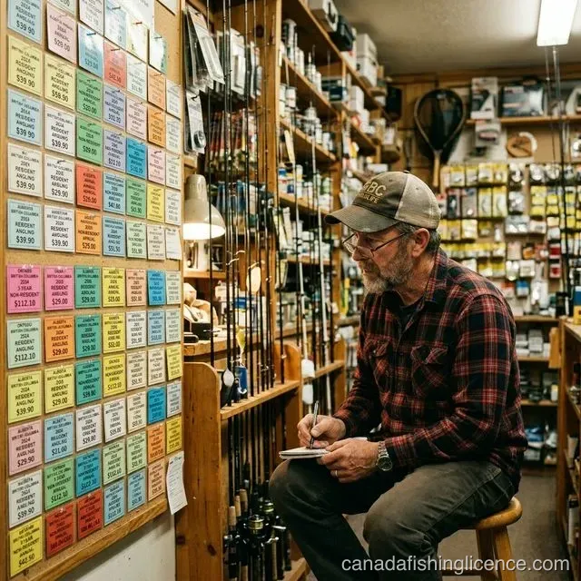 An angler studying provincial fishing licence price cards displayed on a tackle shop wall