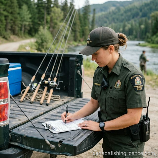 Canadian provincial conservation officer writing a violation ticket on a clipboard at a riverside