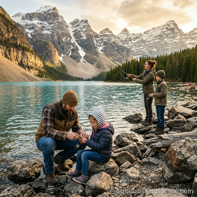 Family of four fishing at the shore of a Canadian Rocky Mountain lake at golden hour