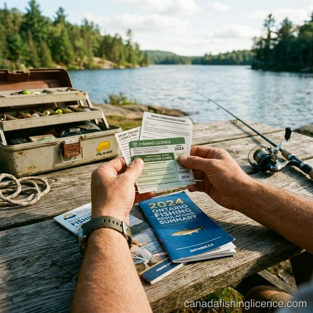 Hands holding fishing licence cards and permit documents on a wooden table beside a Canadian lake