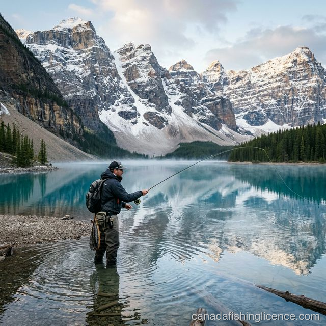 Angler fly fishing in turquoise waters of a Canadian national park lake with snow-capped Rocky Mountains