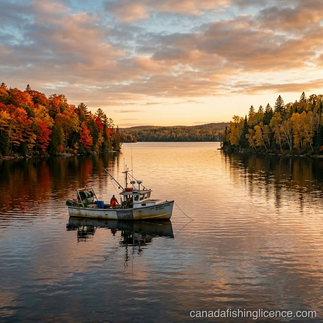 Fishing boat on a large lake at sunset with autumn-coloured shores on both sides in Eastern Canada