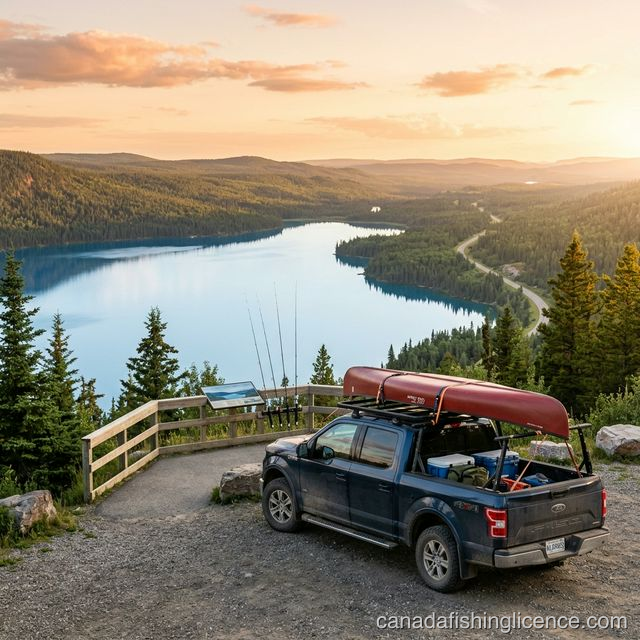 Pickup truck with canoe and fishing rods at a Canadian lakeside highway overlook