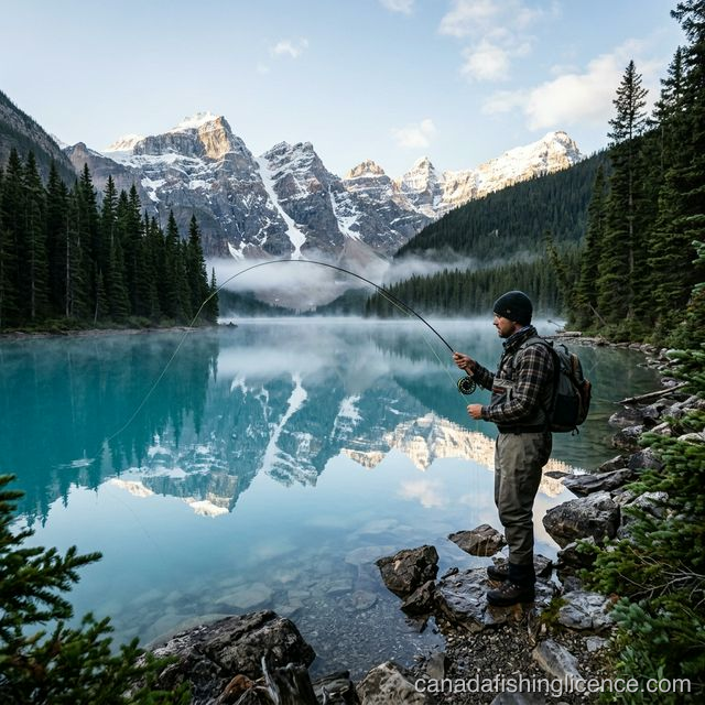 Angler fly fishing in a turquoise mountain lake surrounded by Rocky Mountain peaks in a Canadian national park